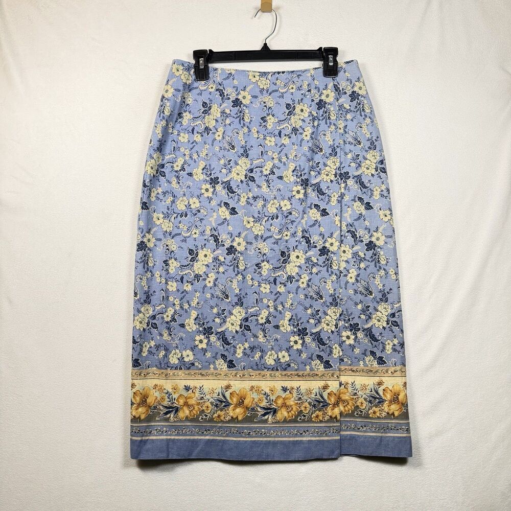 Talbots Petites Floral Linen Cotton Midi Skirt 14P Blue Yellow Border Print